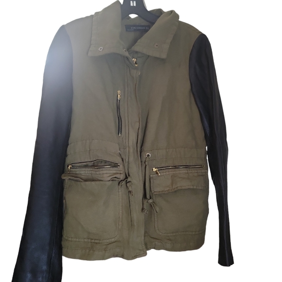 Zara woman olive green lenin blend black leather sleeves jacket - Picture 1 of 3